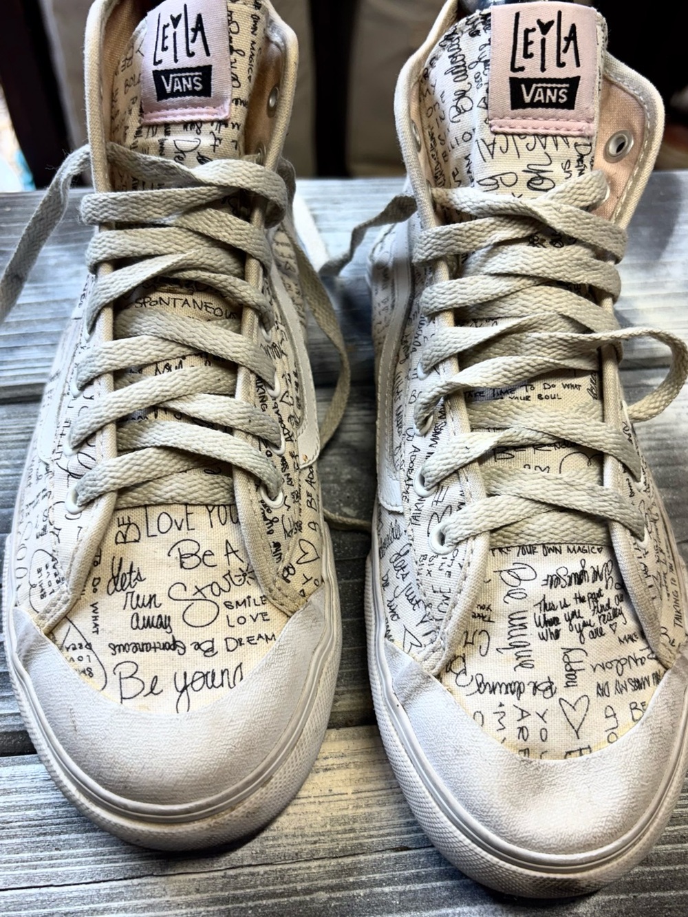 Vans Leyla High-Top Sneakers in Cream with Black Script womens 7